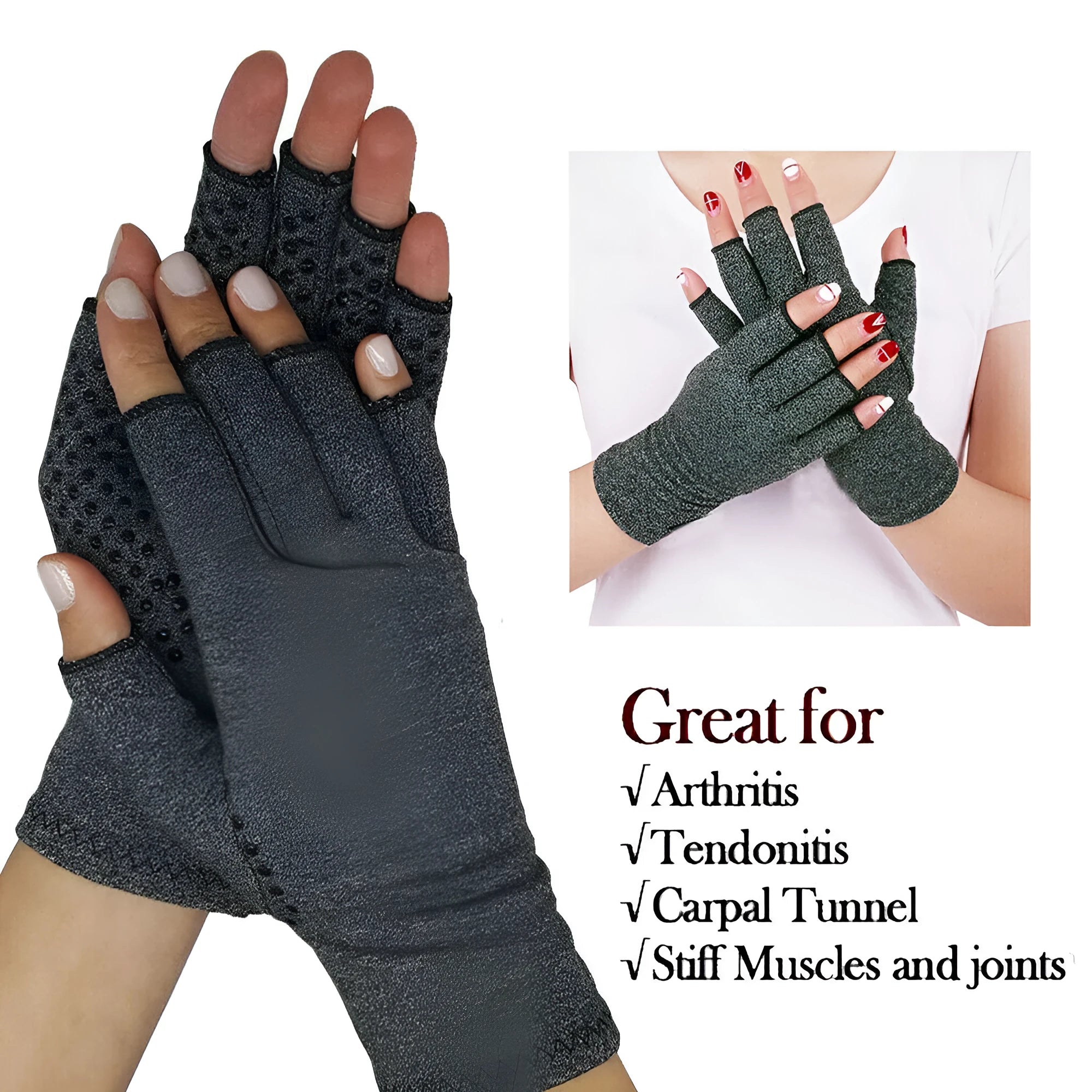 Grey half finger joint compression gloves with anti-slip grip on a hand.