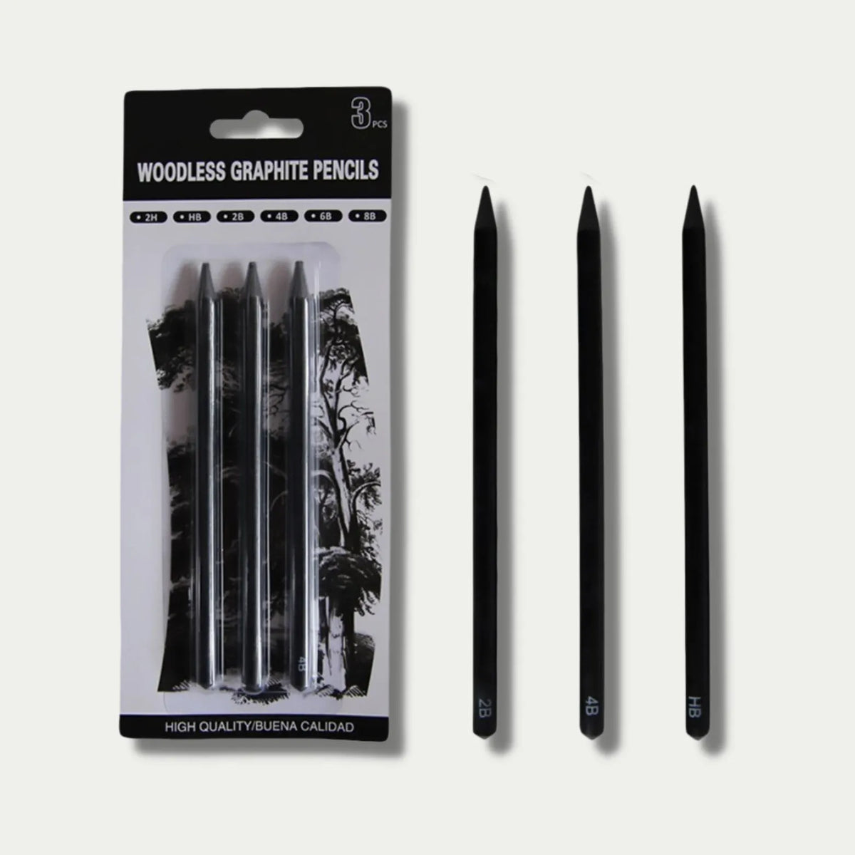 Set of six graphite sketching pencils in grades HB, 2B, 4B, 6B, 8B, and EE.