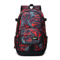 Blue and red versions of a classic nylon backpack with large main compartment and organisational pockets.