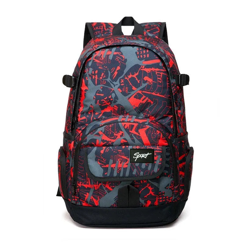 Blue and red versions of a classic nylon backpack with large main compartment and organisational pockets.