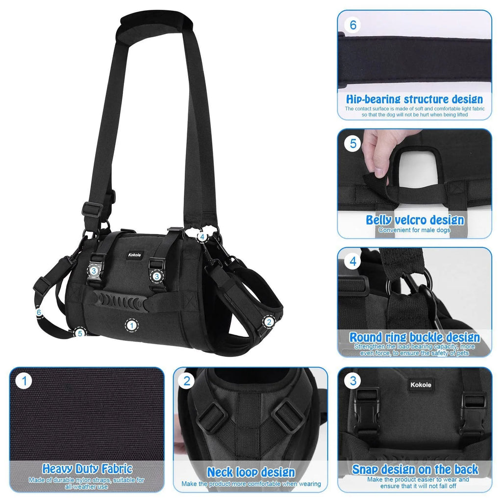 Black Oxford cloth dog harness with leg support and adjustable breast strap