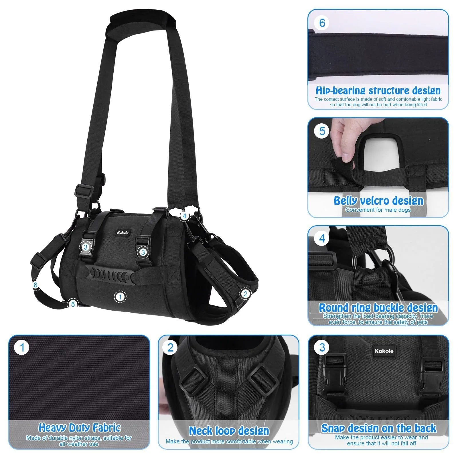 Black Oxford cloth dog harness with leg support and adjustable breast strap