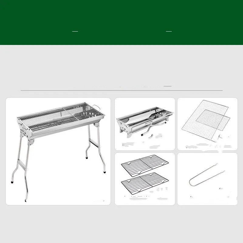 Large stainless steel folding barbecue grill with black cooking grate, shown outdoors.