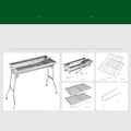 Large stainless steel folding barbecue grill with black cooking grate, shown outdoors.