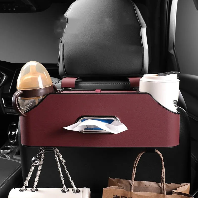 Genuine leather car tissue box with integrated water cup holder in suspended storage configuration