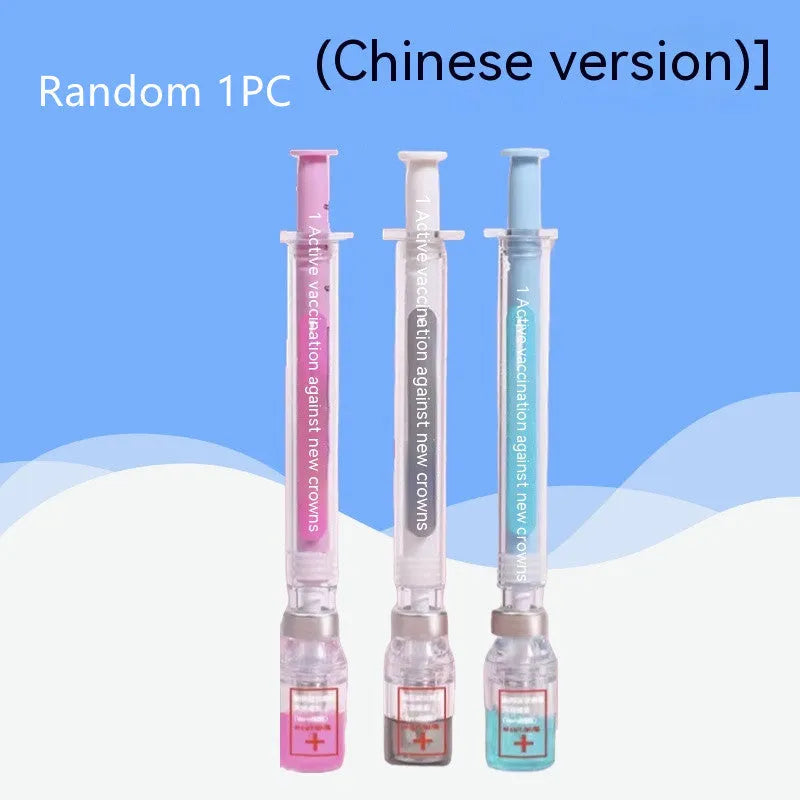 Creative vaccine pen design gel pen with 0.5mm black refill, 15.7cm plastic novelty writing instrument