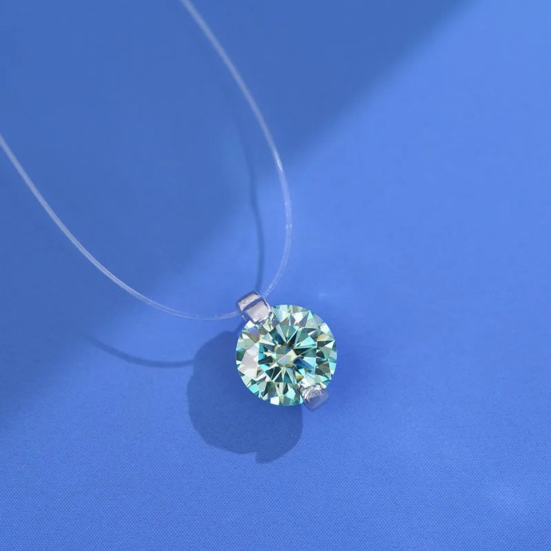 Women's silver moissanite necklace with plum blossom pendant on invisible fishing line chain