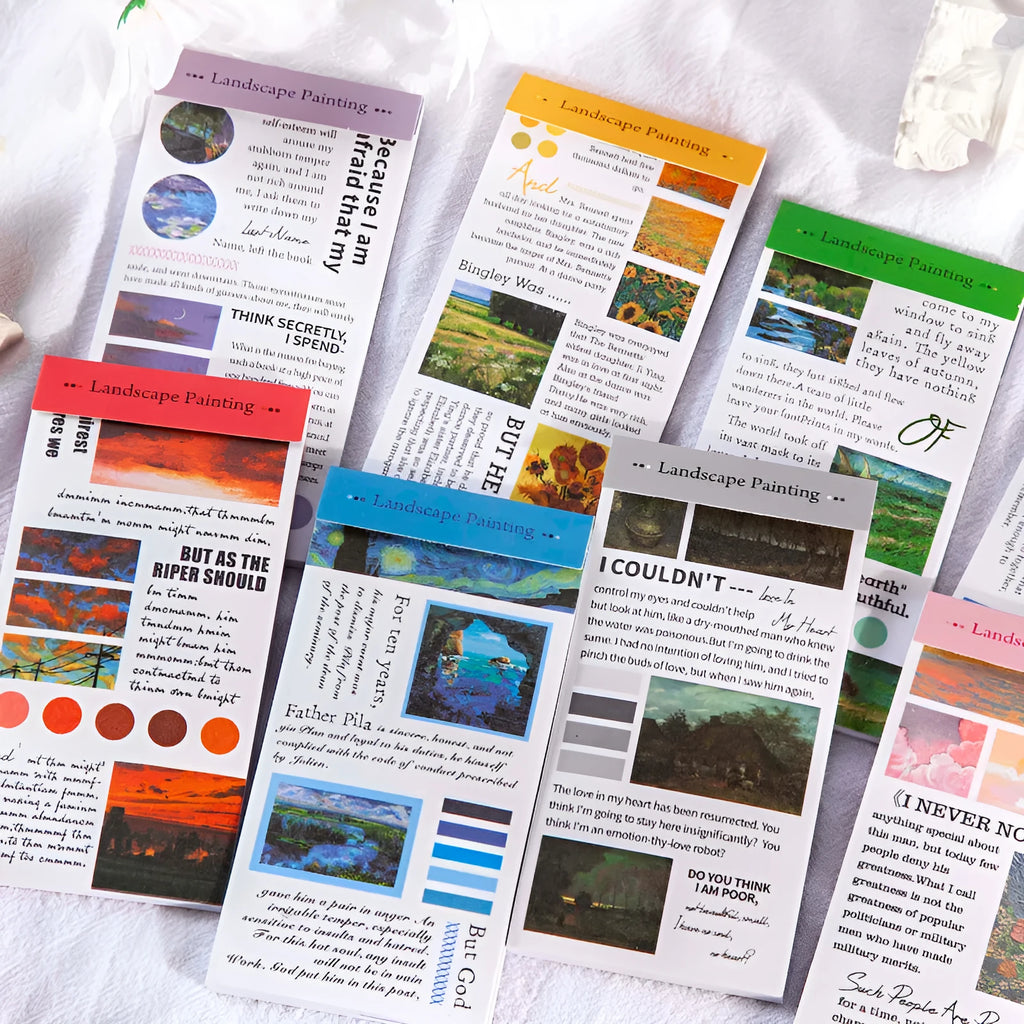 Paper sticker book showing twenty landscape painting stickers in 60x120mm size with eight colour options