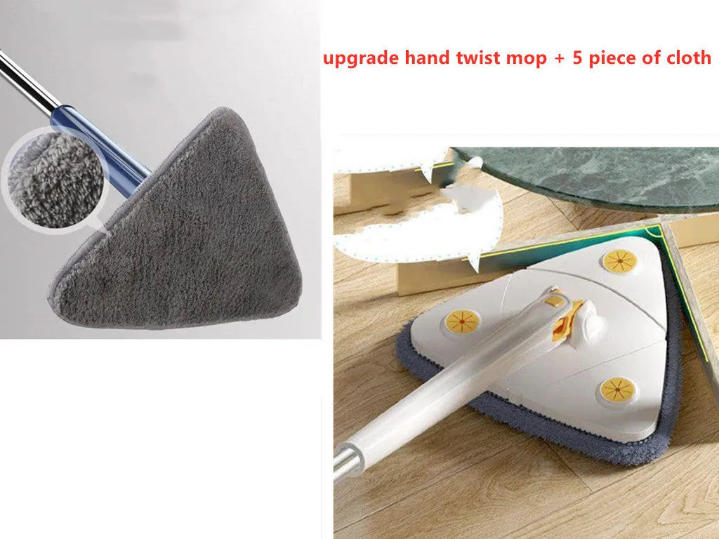 Blue triangle cleaning mop with rotating head and extendable stainless steel pole