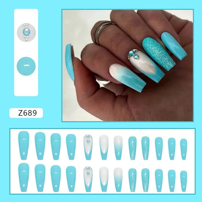Z689 Smart Blue Diamond long ballet style nail patches with glue for ladies