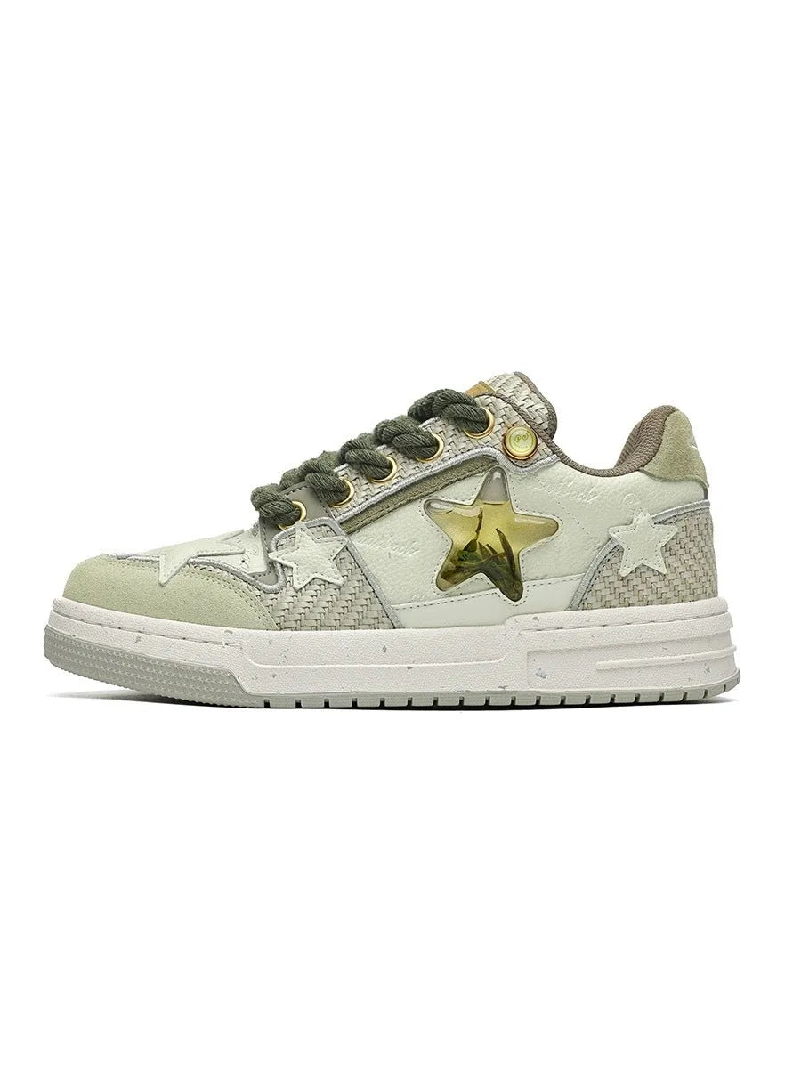 Brown leather platform running shoes with round toe and lace-up closure on white background