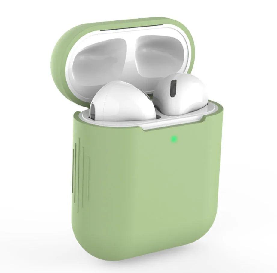 Silicone protective case for AirPods 2 wireless earbuds in assorted colours on a white background.