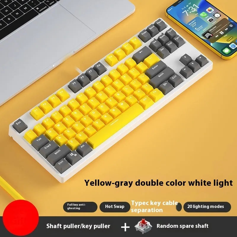87 key wired mechanical keyboard with hot-swappable switches showing dual-colour keycap theme on metal body