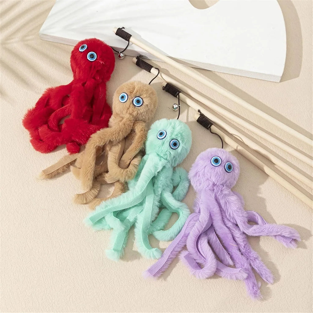 Octopus cat toy with long stick in bright colours for indoor kitten play