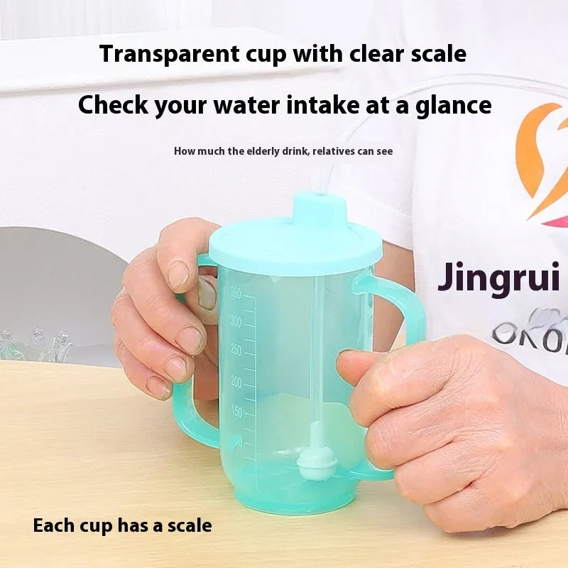 Oblique mouth anti-choke bedside drinking cup with handle and lid in PP plastic material