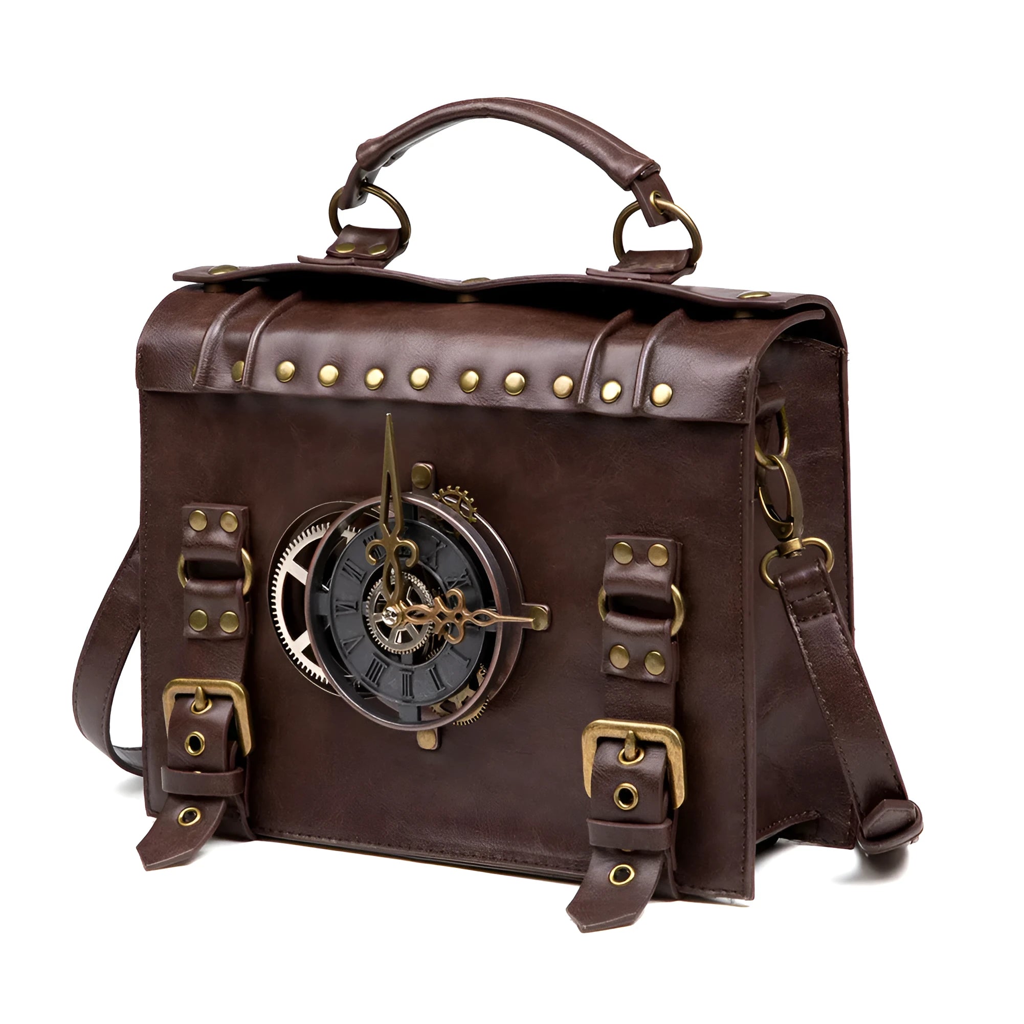 Bronze steampunk industrial retro shoulder bag with metal hardware on horizontal square pillow shape