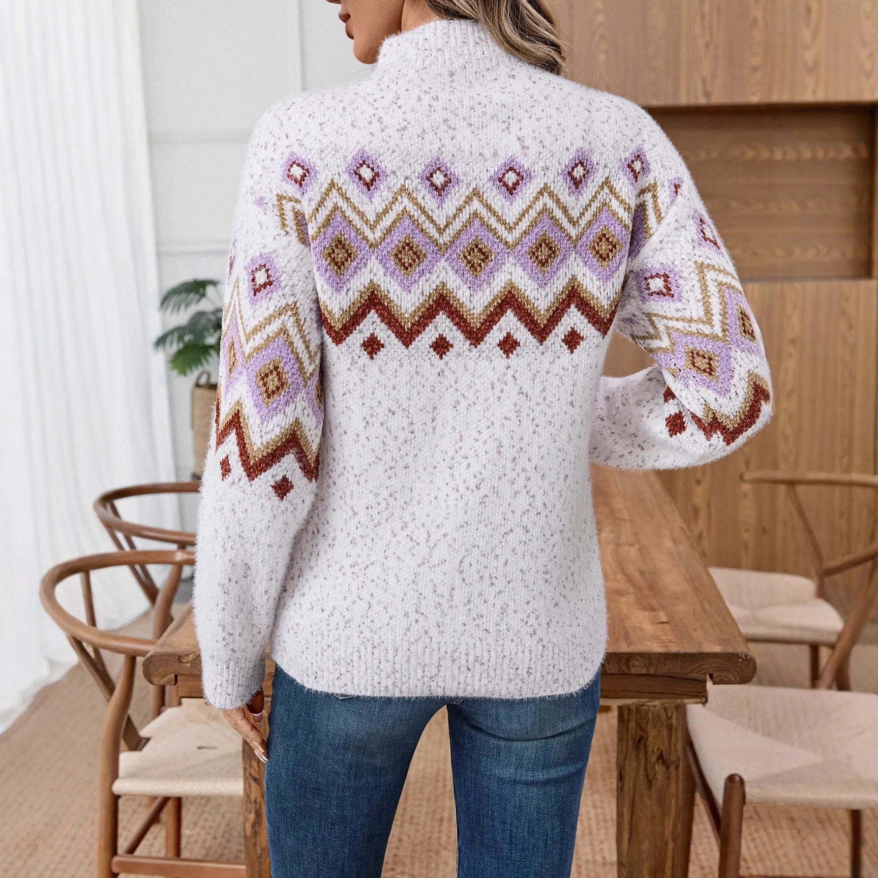 White geometric pattern half turtleneck jacquard sweater with loose fit and regular sleeves