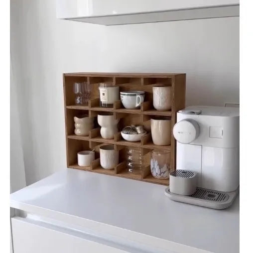 Square birch wood cup storage rack with multiple grid compartments for mug and glass organisation