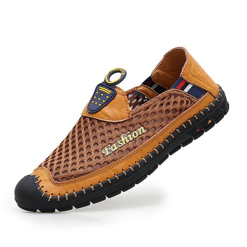 Men's brown mesh casual shoes with round toe and rubber sole on a white background.