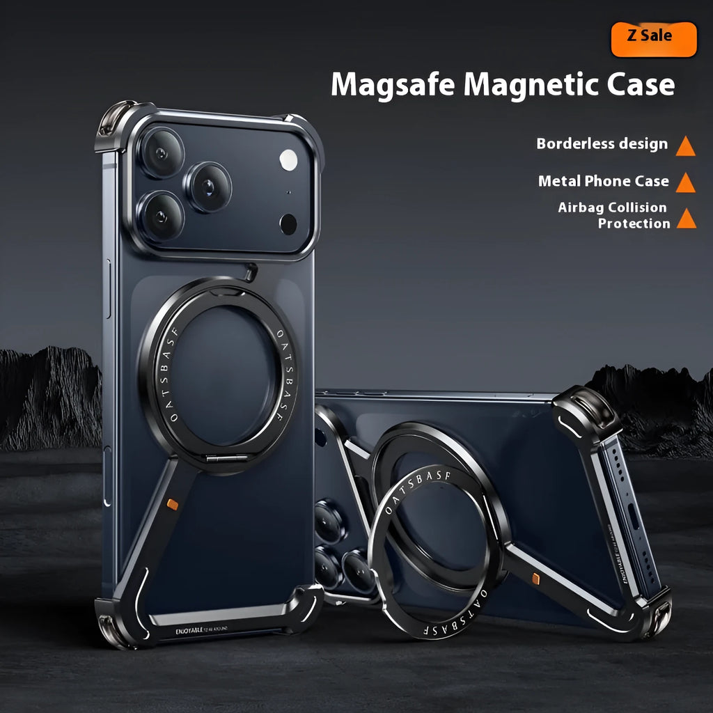 Black metal phone case for iPhone 17 Pro Max with integrated magnetic bracket