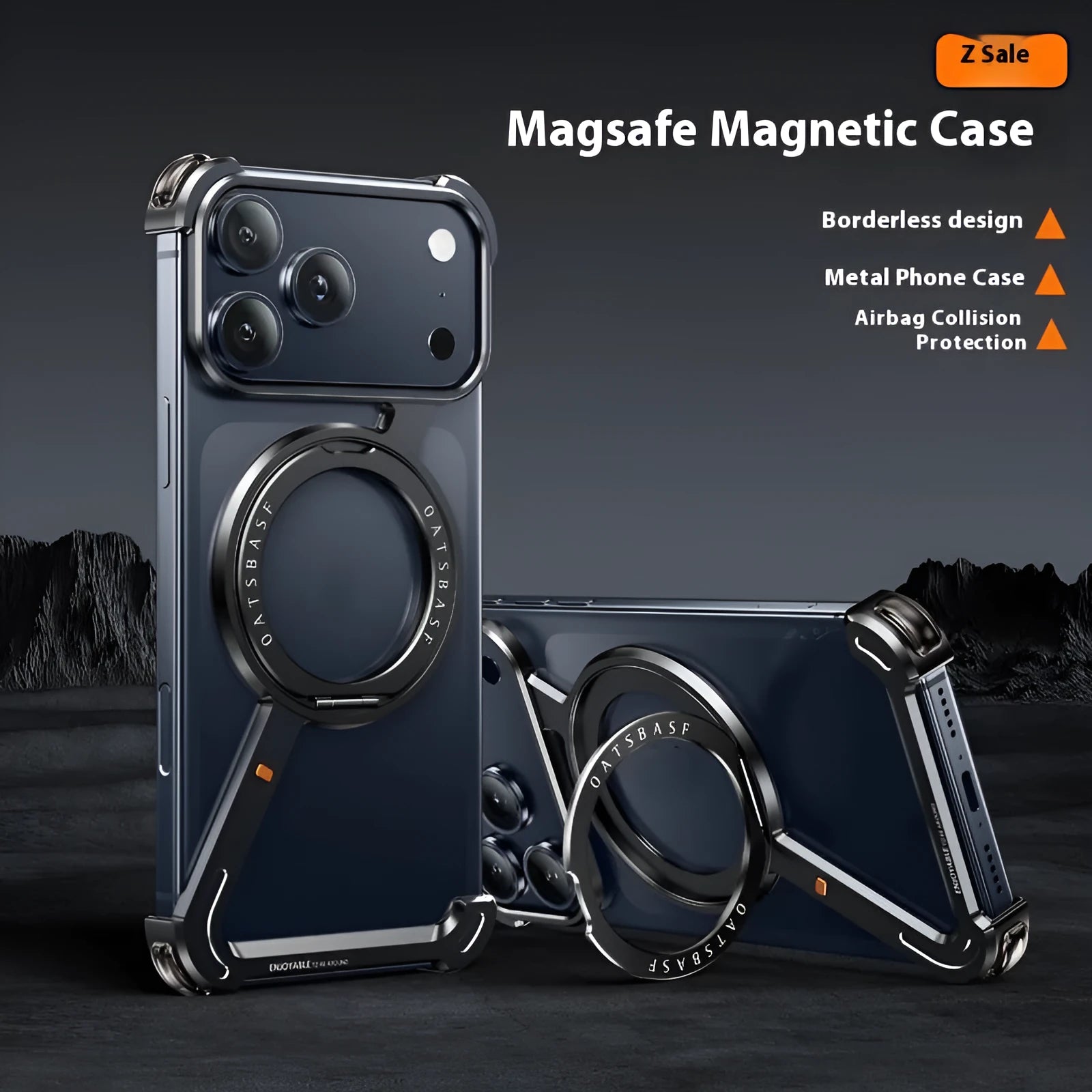 Black metal phone case for iPhone 17 Pro Max with integrated magnetic bracket