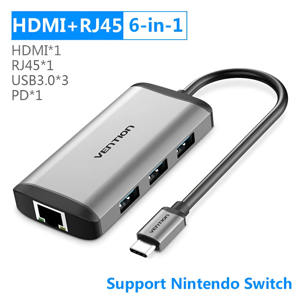 Deep grey USB C multiport adapter with HDMI USB 3.0 Ethernet SD TF ports and 87W PD charging cable