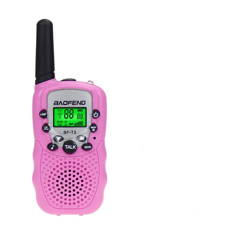 Children's walkie talkie set in various colours showing handheld design with antenna and channel selector
