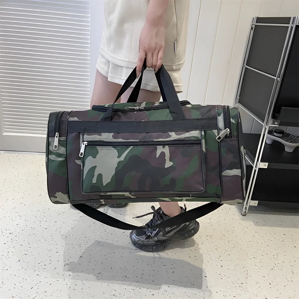 Camouflage pattern luggage bag with waterproof fabric construction and striped polyester lining interior