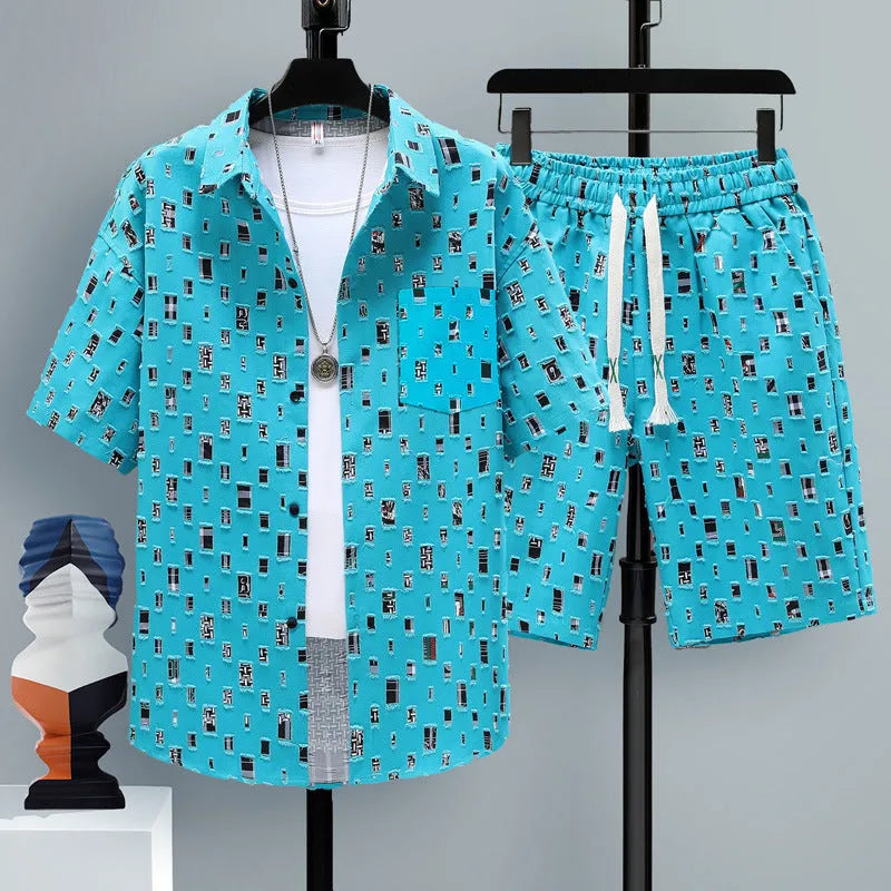 Men's polyester casual sports shorts two-piece set with matching short sleeve top