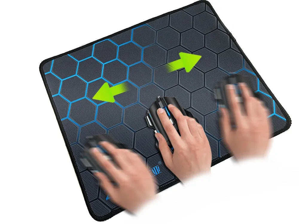 Silk surface desk mouse pad with non-slip rubber base in three size options on office desk