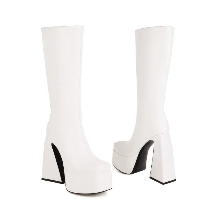 Women's artificial PU high boots in black, red, blue, or white colours showing casual styling