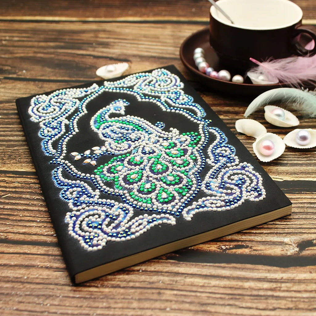Peacock Beauty diamond painting journal notebook A5 size with black cover and textured drill patterns