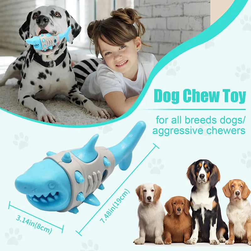 Shark-tooth mimicry dog teething toy in blue, grey, or yellow with textured surfaces