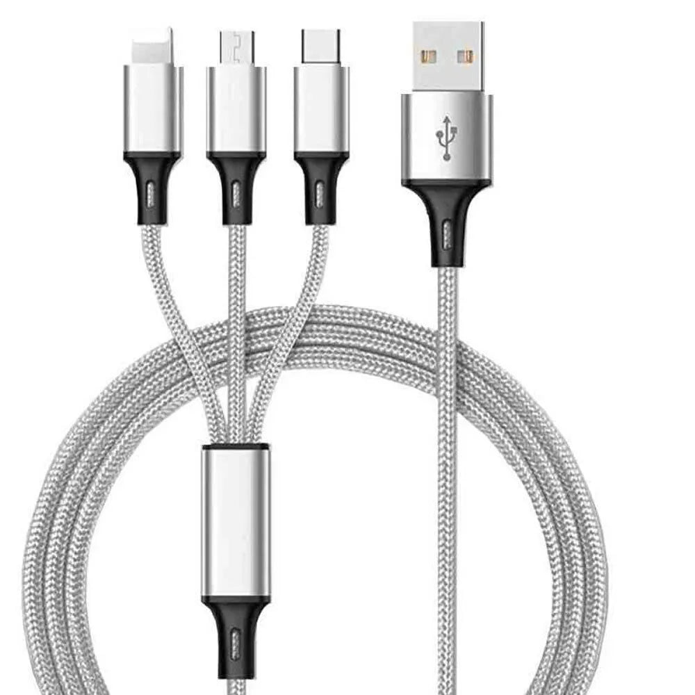 Black 3-in-1 braided charging cable with Lightning, Micro-USB and Type-C connectors on a 1.25m nylon cord