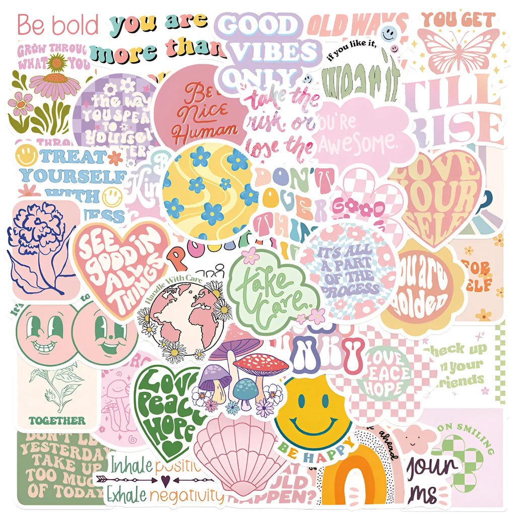 Motivational statement stickers, 50 self-adhesive Danish pink decals, 4-6cm, graffiti cartoon cute patterns.