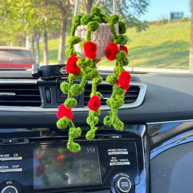 Green and white knitted wool car plant decoration basket with white hanging cord.