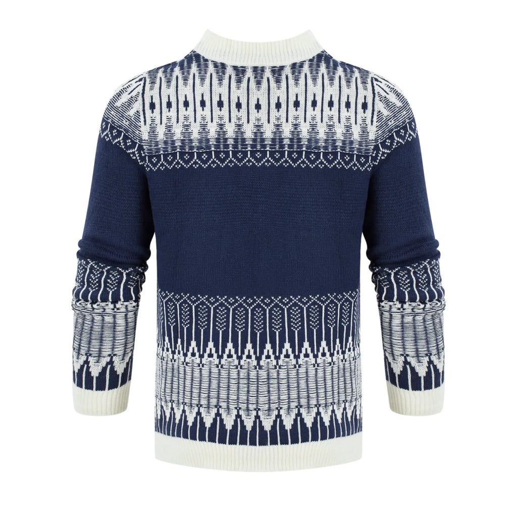 A men's long-sleeved knitted pullover sweater shown in one of five available styles.
