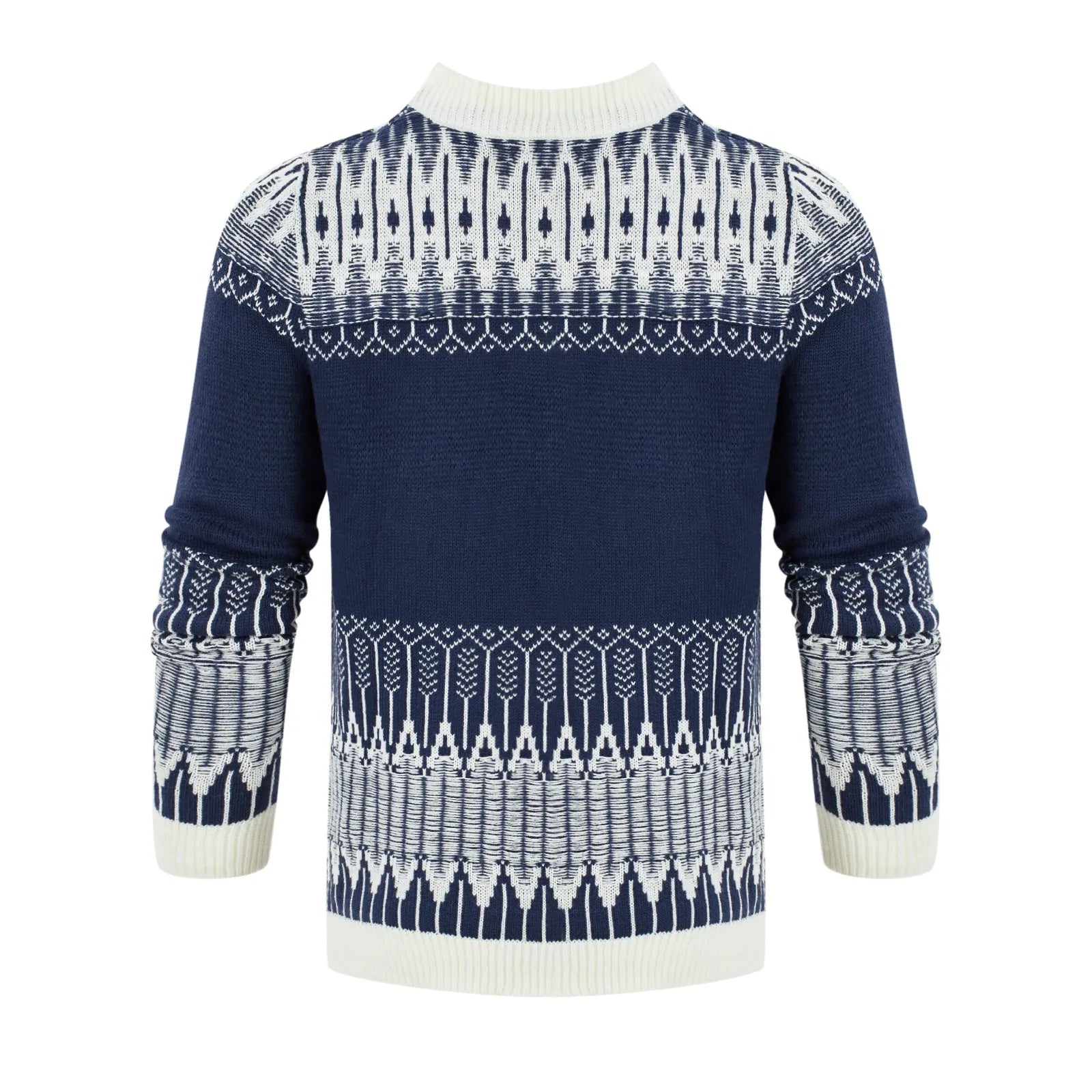 A men's long-sleeved knitted pullover sweater shown in one of five available styles.