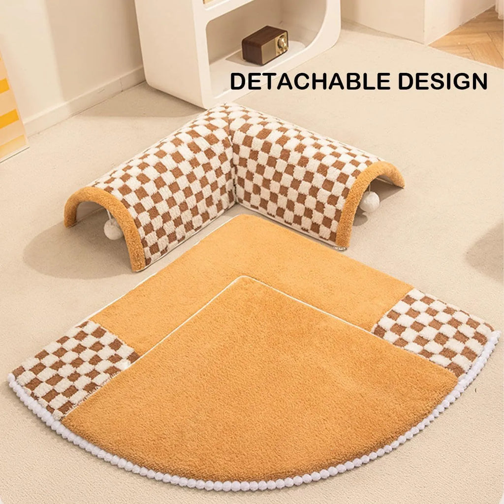 XL sized fan-shaped plush pet bed with integrated tunnel, shown in coffee colour with a non-slip granular base.