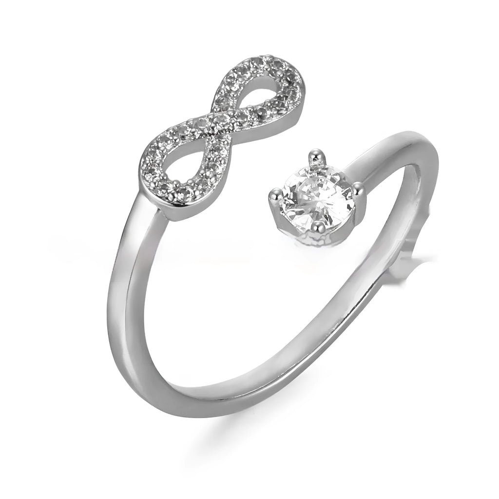 Open band geometric ring with zircon stones showing letter personalisation options A through Z