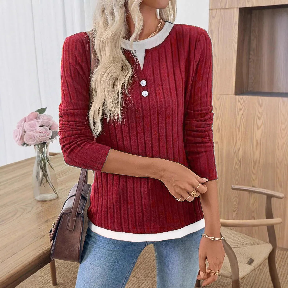 Women's fake two-piece round neck button pullover sweater with concave stripe fabric