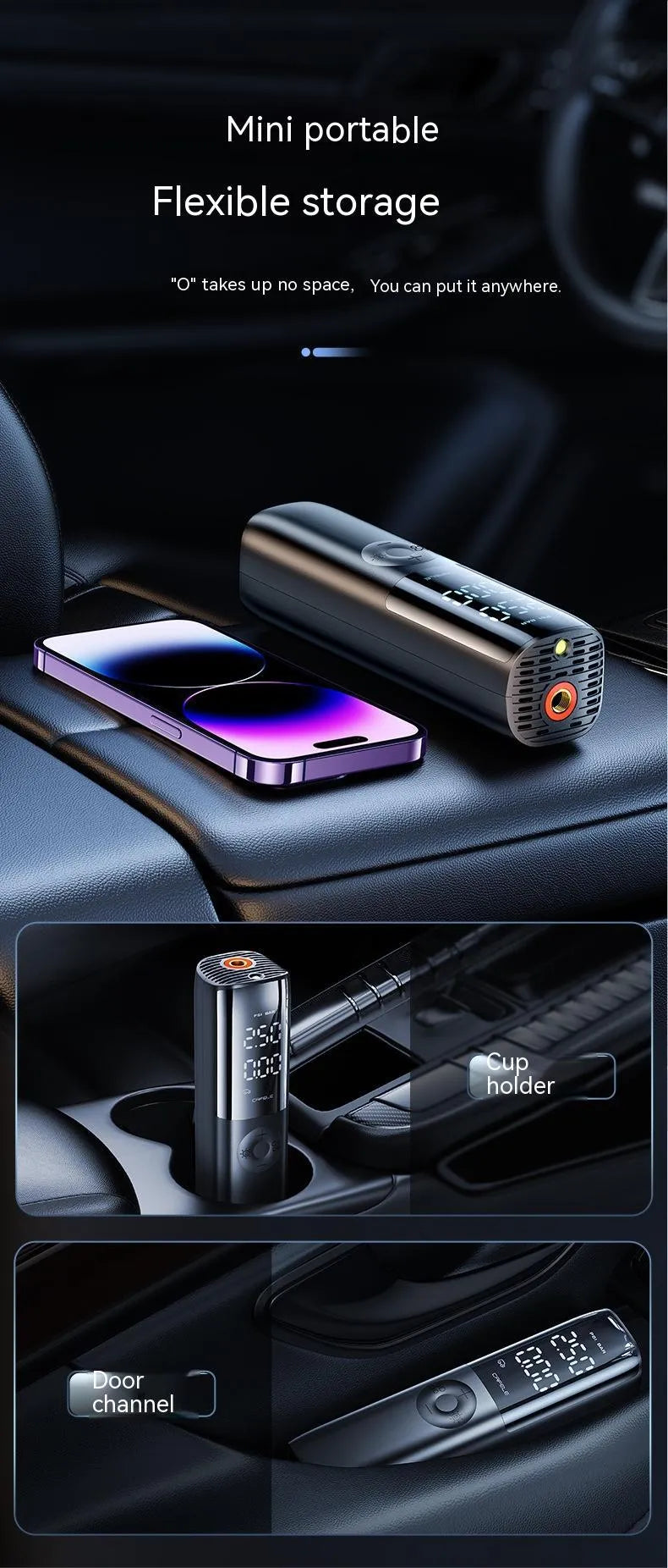Black portable electric car air pump with pressure gauge and hose