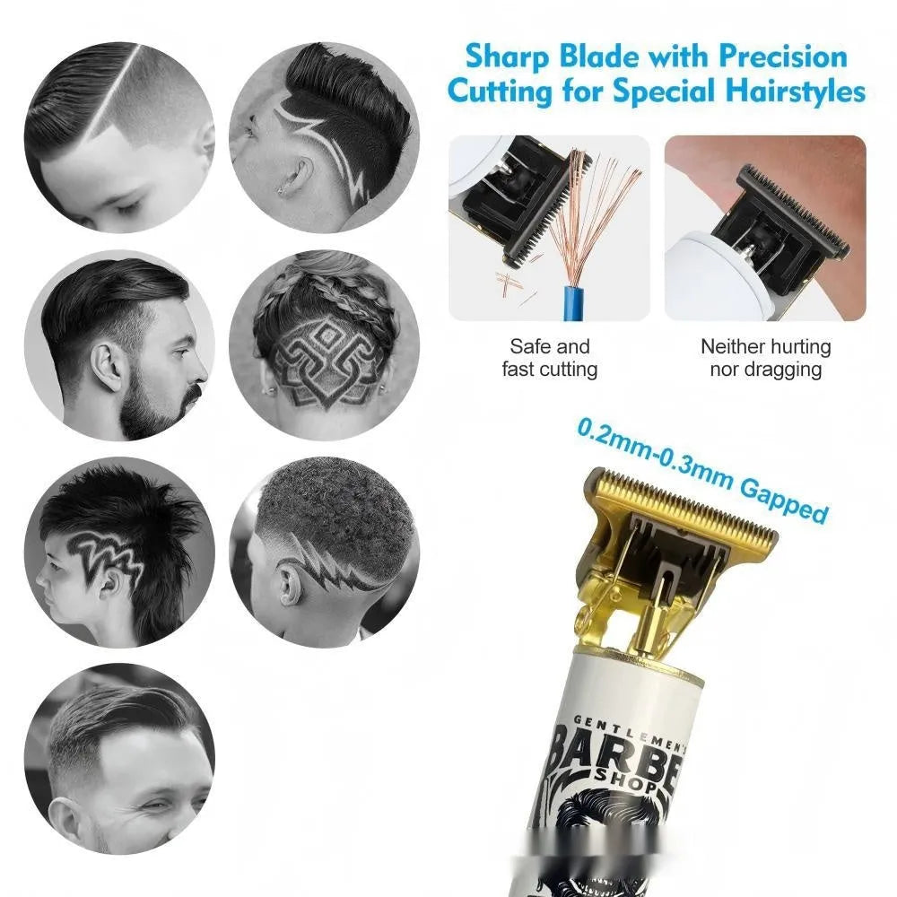 Rechargeable hair clipper with stainless steel cutter head and plastic body, shown with its 4-in-1 attachment combs.