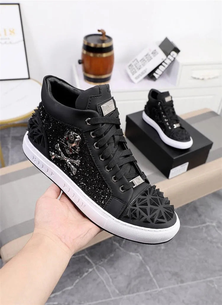 Genuine leather high top skeleton shoes for men with lace-up closure and round toe design