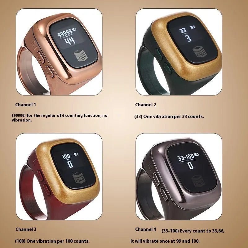 Al-Fatiha electronic dhikr counter with digital display in rose gold, black, and green colour options.