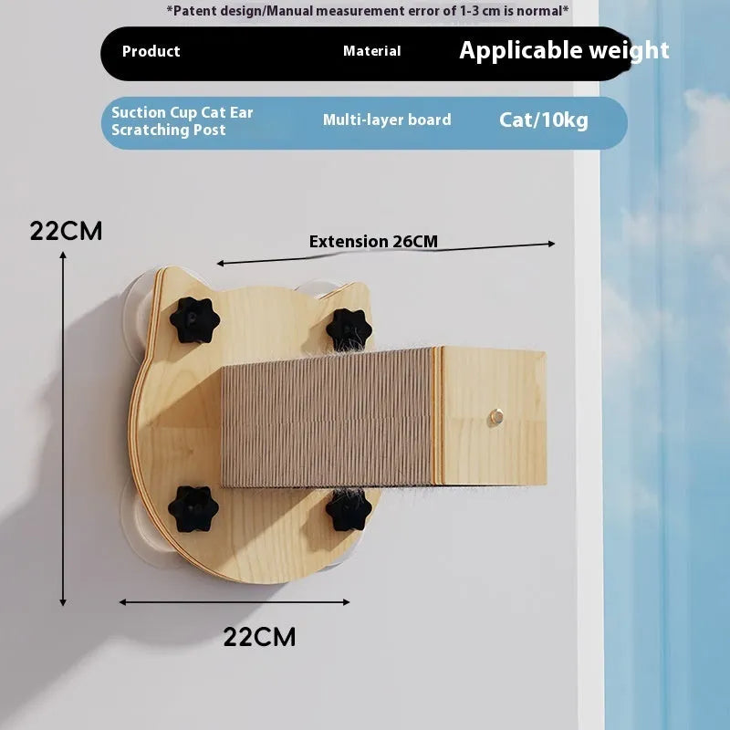Space capsule shaped cat scratching post with sisal rope, mounted on a wall with a suction cup.