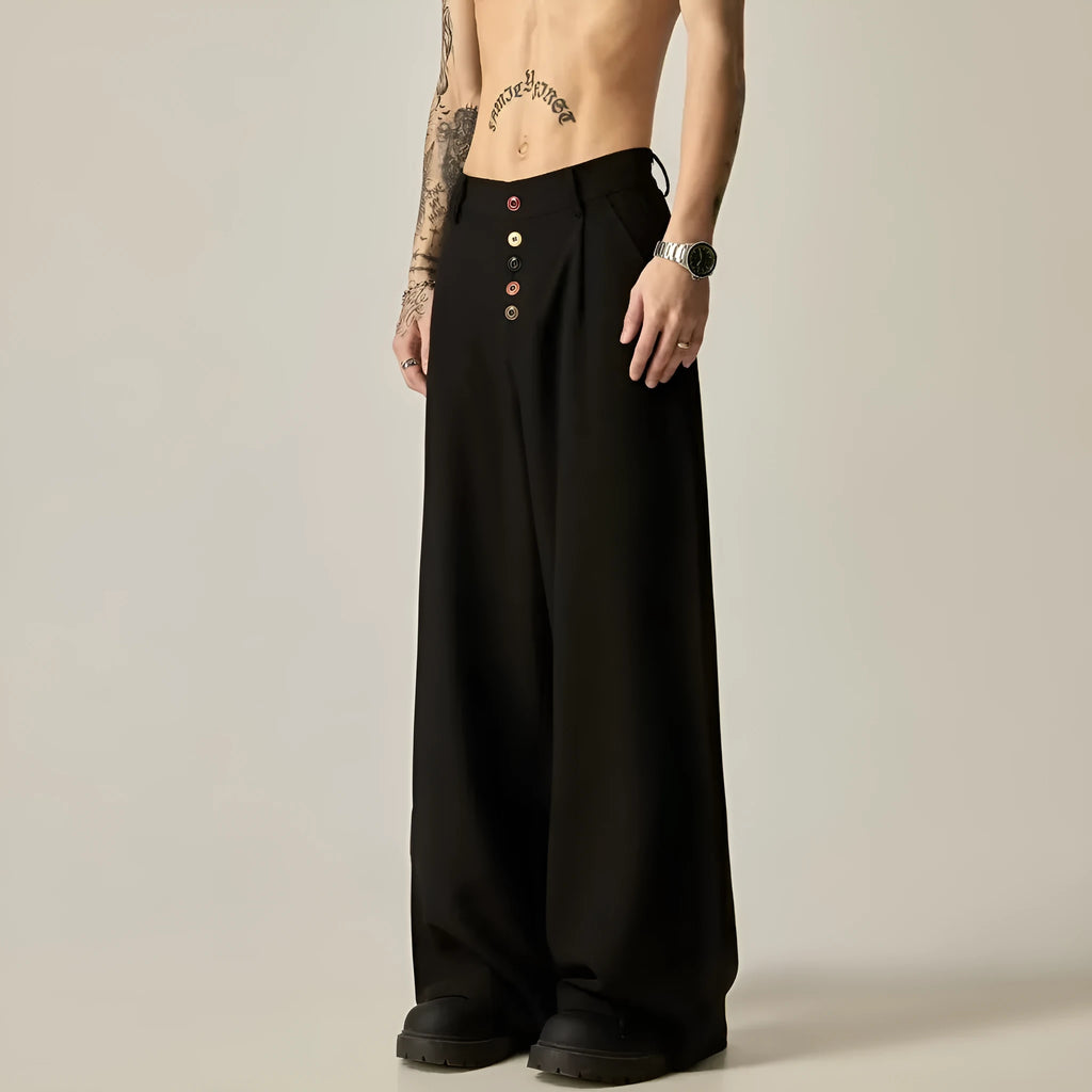 Men's straight-leg casual trousers in black cotton blend fabric with button fly