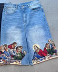Men's blue cotton tapered shorts with Jesus print on back pocket