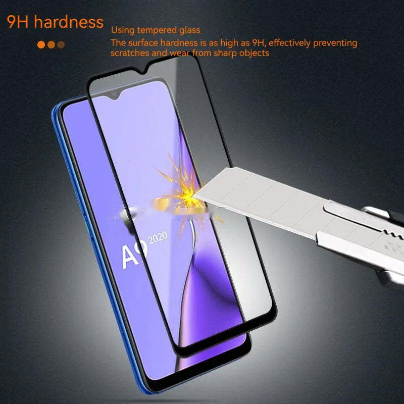 OPPO A9 2020 tempered glass screen protector showing full screen coverage with anti-fingerprint finish