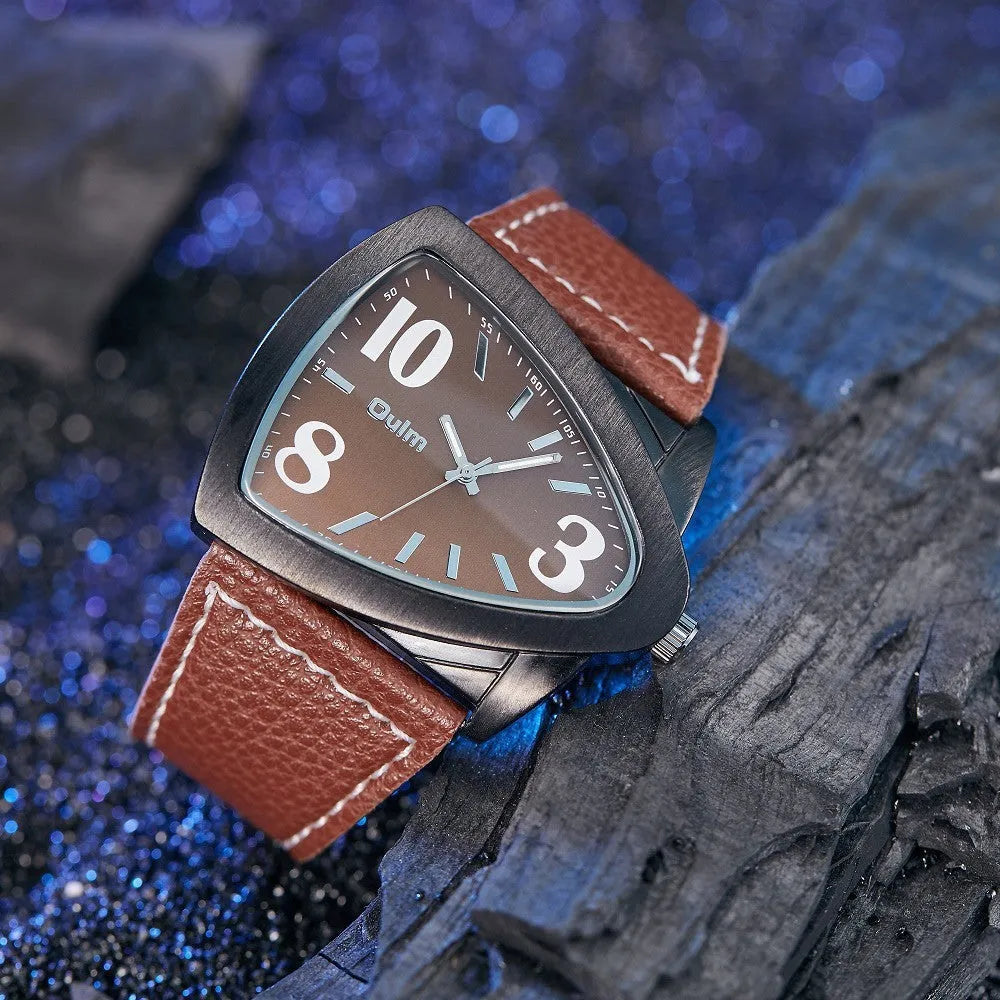 Men's brown casual quartz watch with triangle belt strap and 9mm case.